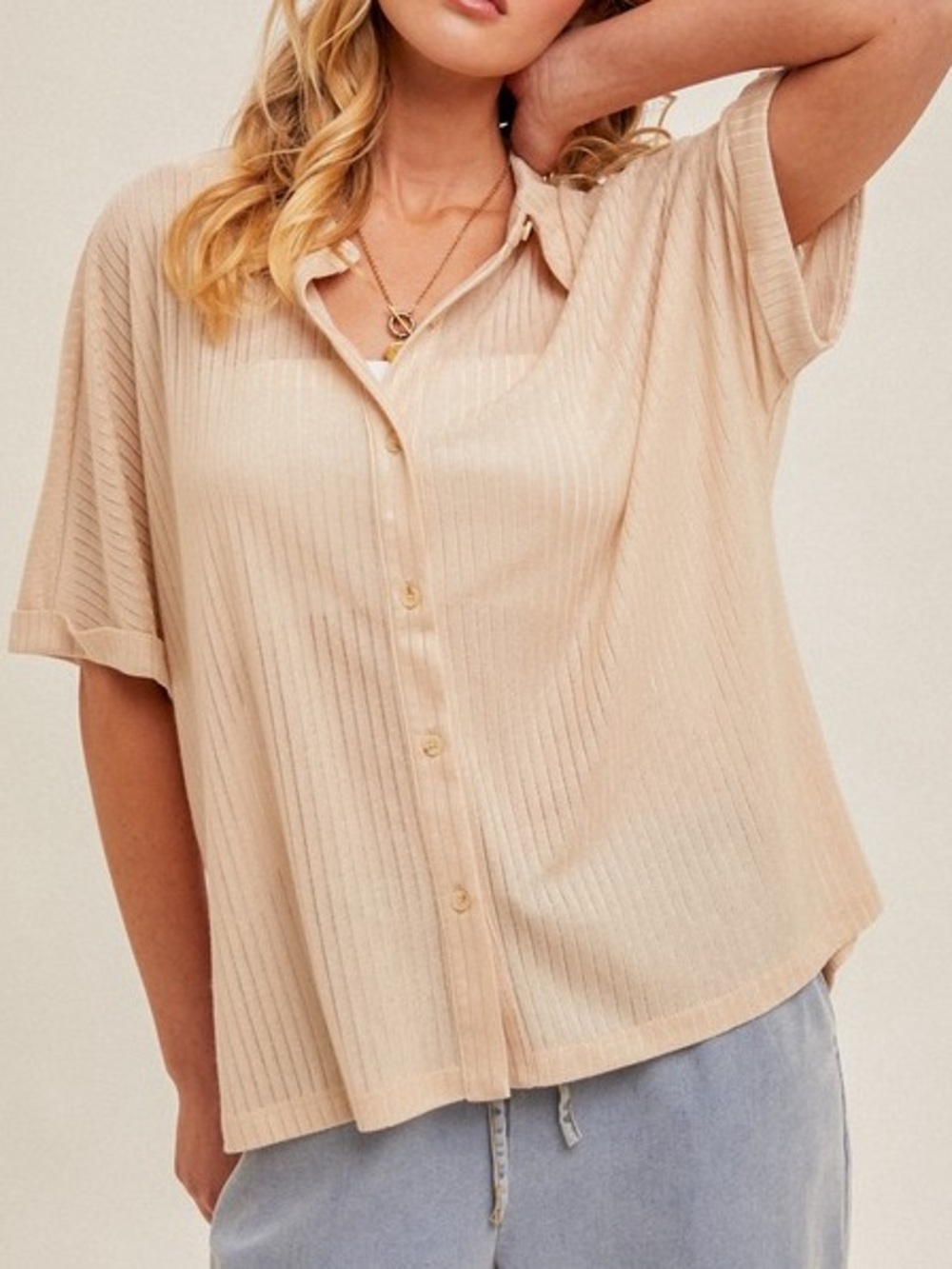 ☀️SALE☀️BURN OUT STRIPED BUTTON DOWN KNIT SHIRT|Taupe